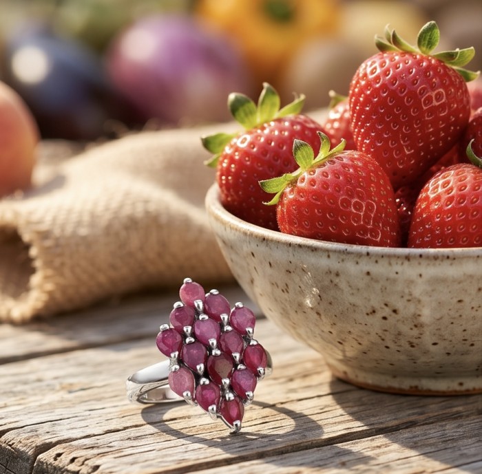 Giuseppina - Magnificent 12.5 carat authentic Ruby rhodium over .925 Sterling Silver handcrafted .925 Silver handcrafted Ring s. 8 - Ruby ring on table beside a bowl of strawberries, angled view