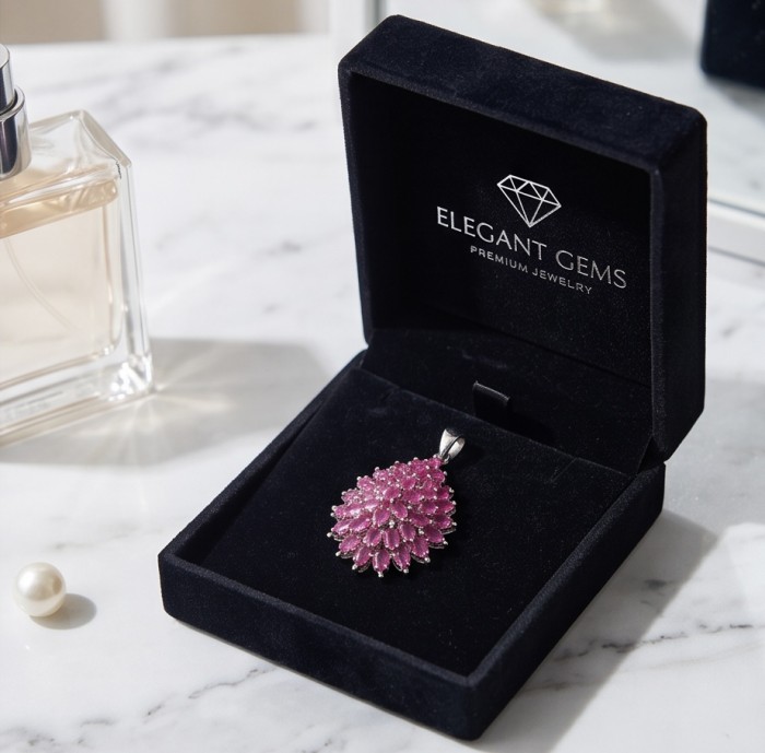 Rare 22.2 carat authentic Kashmir Ruby rhodium over .925 Sterling Silver handmade Statement Pendant - Elegant pink pendant in black box; top view on marble background.
