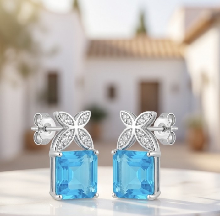 Stella 3.8 carat Swiss Blue Topaz .925 Sterling Silver handmade Earrings - Stella blue topaz earrings, front view, silver butterfly accents