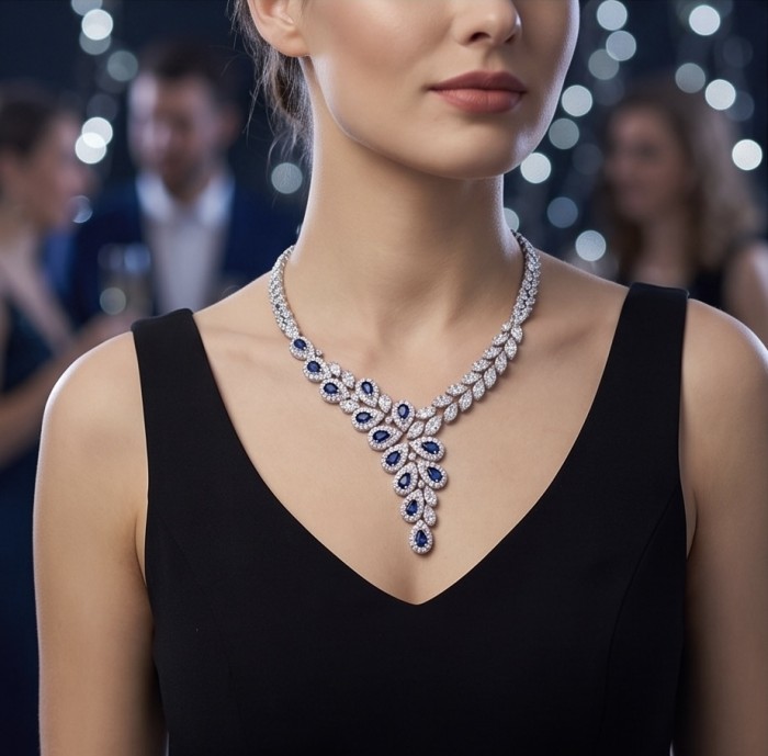 Blue Royalty art deco 8.2 carat Sapphire .925 Sterling Silver handcrafted Statement Necklace - Necklace worn close-up at an event showing design details.