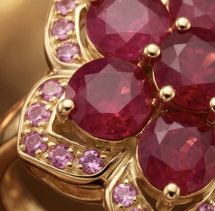 Born to Glam authentic 4.2 carat Mozambique Ruby 22K Gold over .925 Silver handcrafted Ring s. 5 1/2 - Close-up of Mozambique Ruby set in 22K gold ring, floral design.