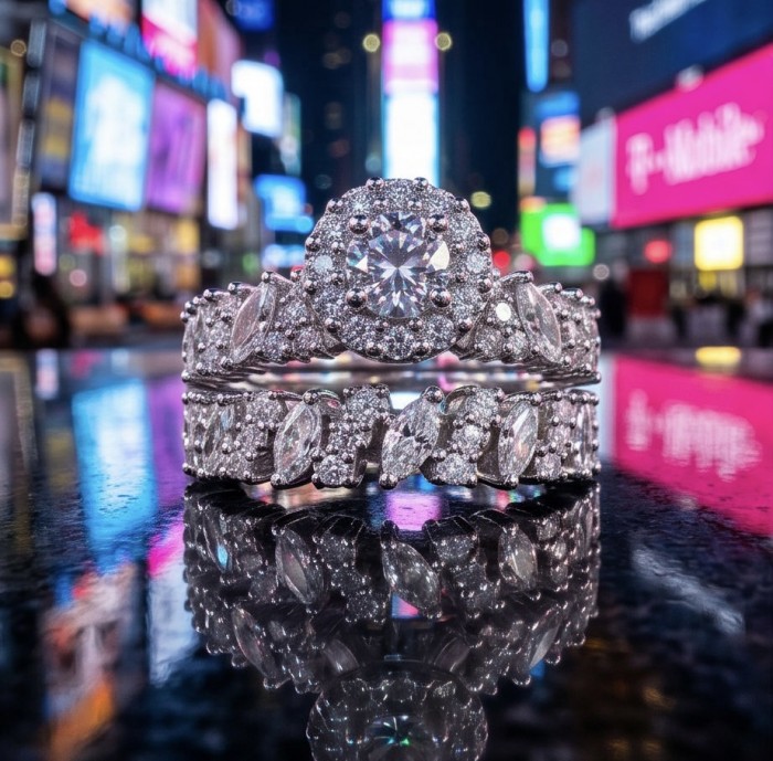 Aphrodite - 4.8 carat White Topaz Sterling Silver handcrafted stack up ring size 7 - Close-up of Aphrodite ring set with 4.8 carat white topaz, urban backdrop.
