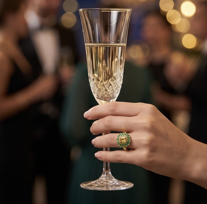 Emily 10.2 carat Brazilian Citrine Tsavorite Garnet .925 Sterling Silver dipped in real 22K Gold handcrafted ring; s. 8 - Worn on hand with champagne, emerald-cut citrine ring in focus.