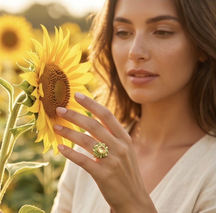 Vivien - Natural 19. 2 carat Citrine .925 Sterling Silver dipped in 18K Gold handcrafted Statement ring; s. 5 - Woman wearing Vivien citrine ring, holding sunflower, close-up view.