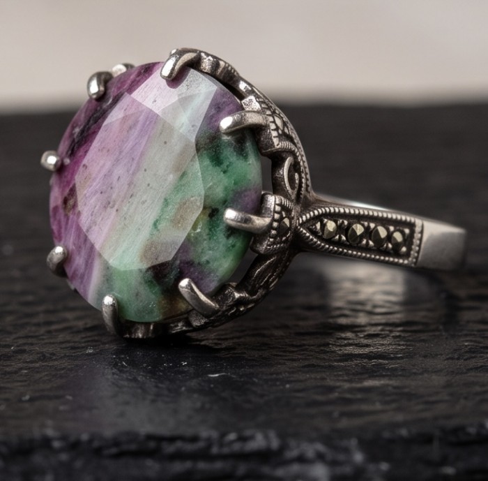 Authentic Ruby in Zoisite .925 Sterling Silver handmade Cocktail Ring s. 8 - Close-up of Ruby in Zoisite set in ornate .925 sterling silver ring.