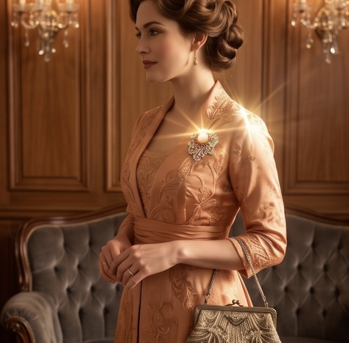 Vintage style 72.5 carat authentic Brazilian Watermelon Tourmaline .925 Sterling Silver dipped in rhodium handmade Pendant - Brooch - Vintage brooch on dress, side view, featuring Brazilian watermelon tourmaline.