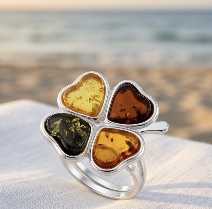 Flower Authentic Baltic Amber .925 Sterling Silver dipped in rhodium handcrafted ring; s. 8 adjustable - Flower design Baltic Amber ring on white fabric, beach background