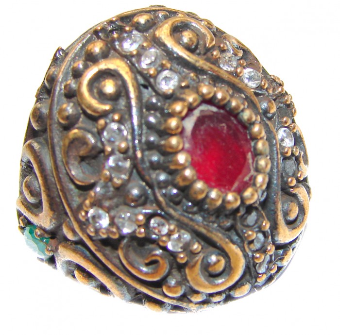 Large Victorian Style created Ruby & White Topaz Sterling Silver ring; s. 6 - photo 1