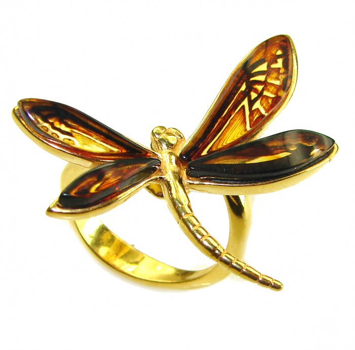 Butterfly Authentic Baltic Amber 14K Gold over .925 Sterling Silver handcrafted ring; s. 8 adjustable - photo 3