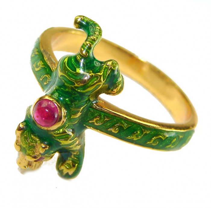 Green Panther 0.5 carat Ruby Enamel 18K Gold over .925 Sterling Silver handcrafted Ring s. 8 1/4 - photo 1