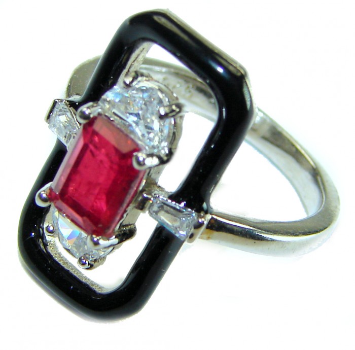 Art Deco 2.3 carat Ruby black enamel .925 Sterling Silver handmade Ring size 6 - photo 1