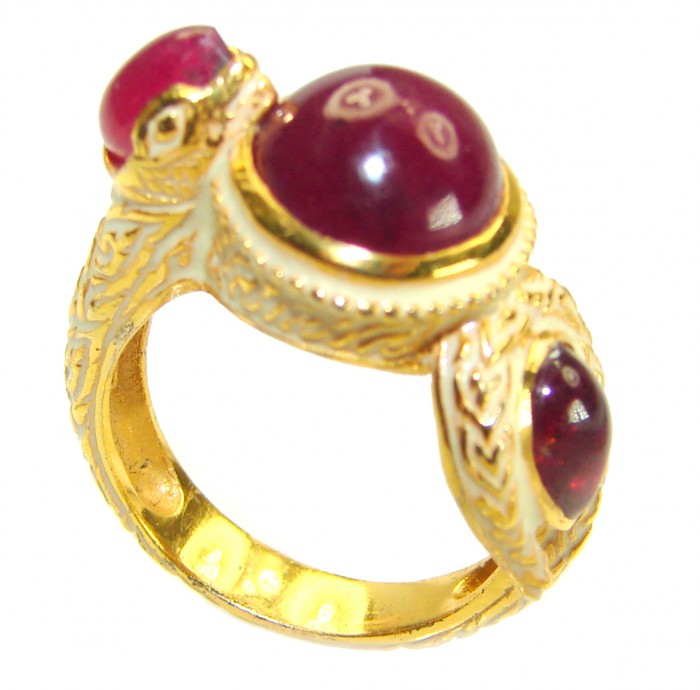 Solid Natural 9.5 carat Ruby Enamel 18K Gold over .925 Sterling Silver handmade Statement Ring size 8 - photo 2