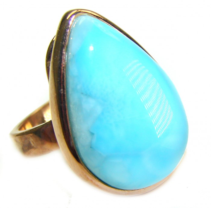 Blue Perfection AAAA QUALITY Blue Larimar 18K Gold over .925 Sterling Silver handmade Large ring size 8 adjustable - Close-up of blue Larimar stone in 18K gold setting