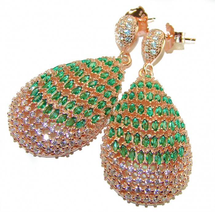 18.8 carat Emerald 18K Rose Gold over .925 Sterling Silver handmade Statement LONG Earrings - Close-up of 18.8 carat emerald earrings in 18K rose gold over silver.