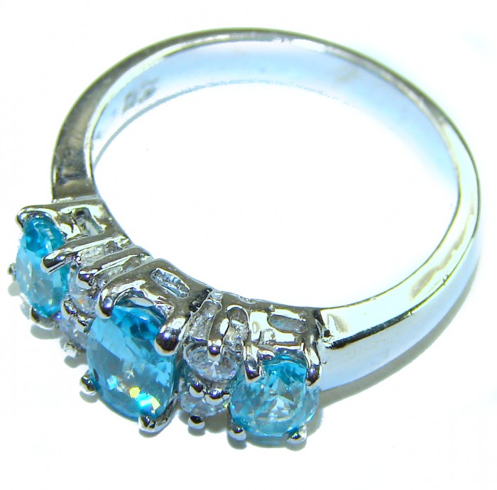 Blue Odyssey 8.5 carat authentic Swiss Blue Topaz .925 Sterling Silver handmade Statement Ring size 8 - Side view of Blue Odyssey Swiss Blue Topaz ring in .925 sterling silver.