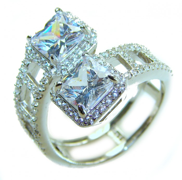 Pure Celestial Energy Natural 12.4 carat White Topaz .925 Sterling Silver handmade Statement Ring size 8 - Topaz ring close-up showcasing stones and band detail