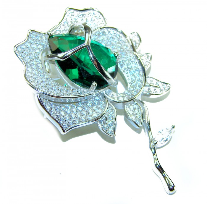Retro Style - Precious Rose Genuine 12.5 carat Colombian Emerald .925 Sterling Silver handmade Pendant - Brooch - Close-up of Retro Style Precious Rose brooch with emerald stone.