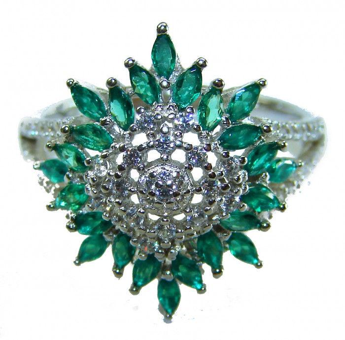 Authentic 5.2 carat Colombian Emerald .925 Sterling Silver handcrafted Ring size 7 1/2 - Close-up of Colombian emerald ring in .925 sterling silver.