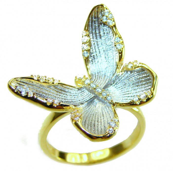 Golden Butterfly White Topaz highly polished 18K Gold over .925 Sterling Silver Italy made ring s. 7 1/4 - Gold butterfly ring with white topaz, angled top view.