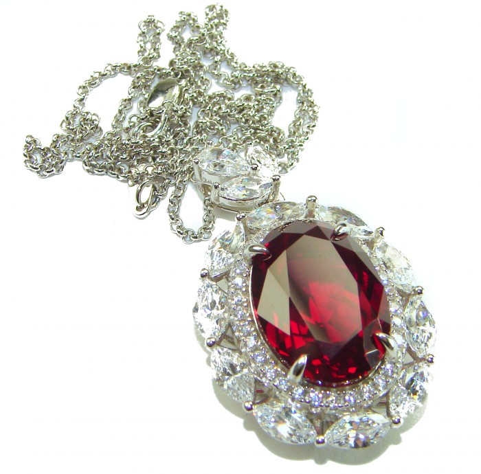 Luxurious 15.2 carat natural Ruby White Topaz .925 Sterling Silver .925 Sterling Silver Statement Necklace - Close-up of a ruby pendant with white topaz on a silver chain