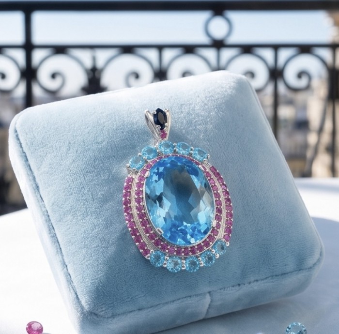 Oceania oval cut 37.8 carat Swiss Blue Topaz .925 Sterling Silver dipped in rhodium Handcrafted Pendant - Close-up of Oceania Swiss Blue Topaz pendant on a cushion display