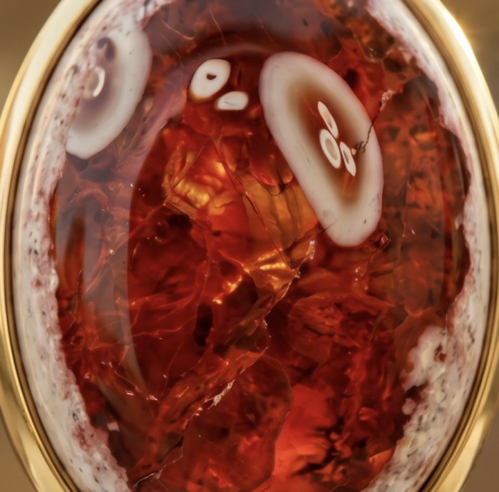 Inner Fire Natural 27.2 carat Mexican Fire Opal .925 Sterling Silver dipped in 18K Gold handmade Pendant - Close-up of Inner Fire Mexican Fire Opal in a gold setting