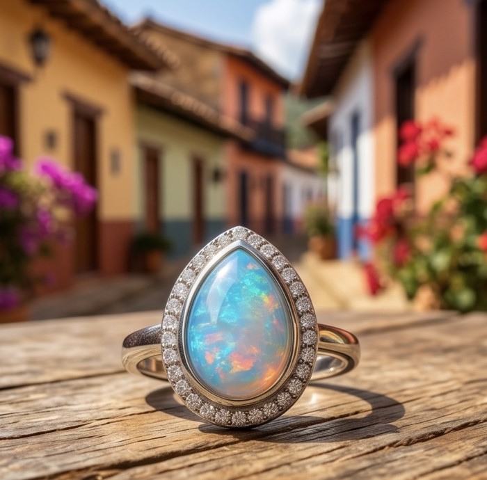Endless Ocean Genuine 17.5 carat doublet Australian Opal .925 Sterling Silver handmade Ring size 8 - Close-up of Endless Ocean opal ring on rustic surface, vibrant background.