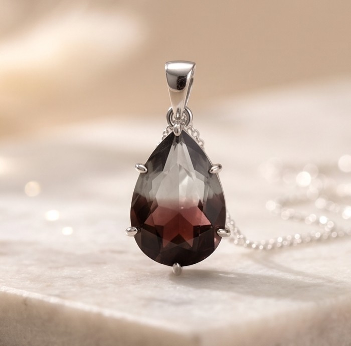 From dawn to dusk authentic 11.2 carat Brazilian Smoky Topaz .925 Sterling Silver Perfectly handcrafted pendant - Close-up of teardrop Brazilian Smoky Topaz pendant on chain