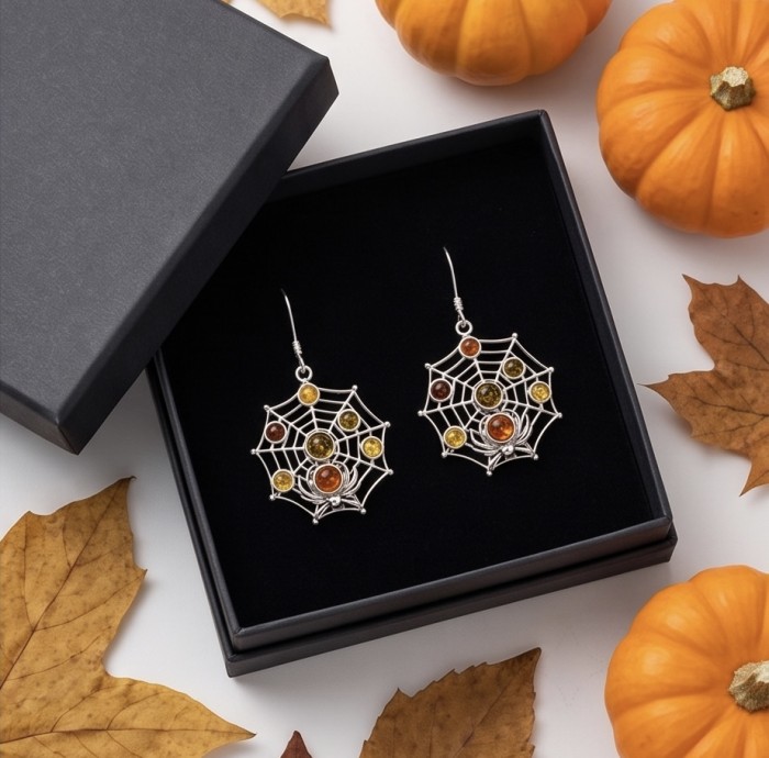 Spider's Web - Authentic Baltic Amber .925 Sterling Silver handcrafted earrings - Spider web earrings with amber stones in gift box, top view.