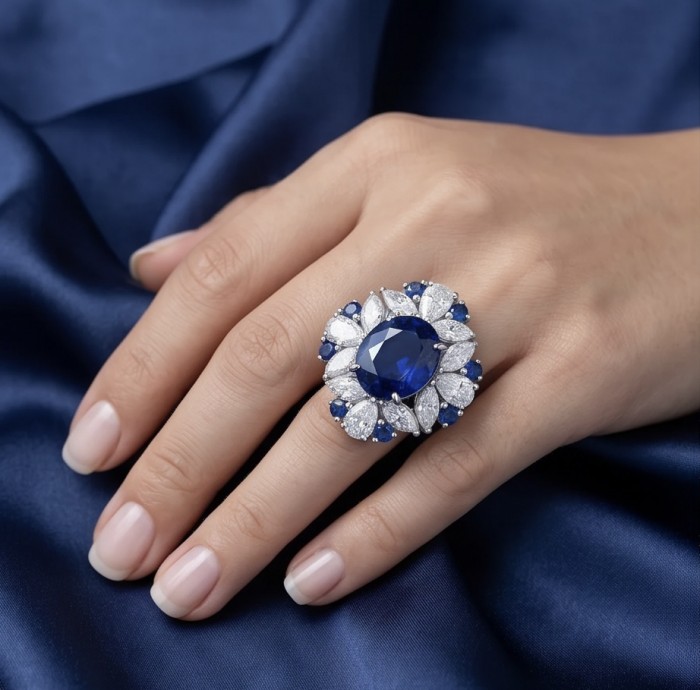 Julietta 20.5 carat Sapphire .925 Sterling Silver handmade Statement ring size 7 1/4 - Sapphire ring worn on hand, 20.5 carat, sterling silver, top view.