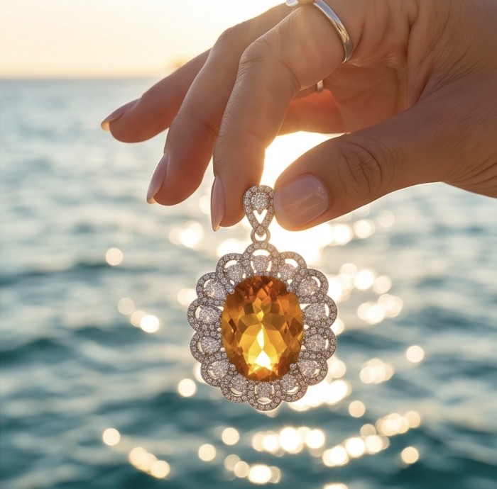 Costa del Sol 18.8 carat Citrine .925 Sterling Silver handcrafted Statement pendant - Close-up of Costa del Sol Citrine pendant in hand, ocean background.