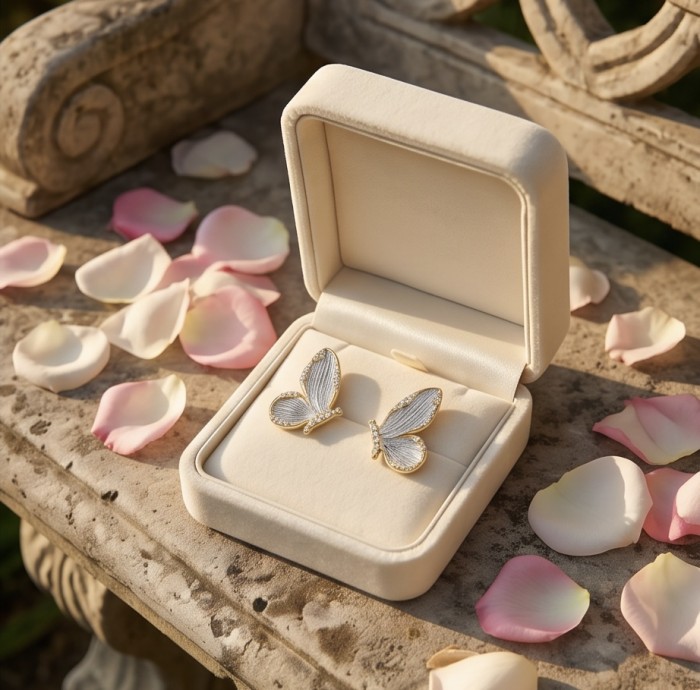 Golden Butterfly White Topaz highly polished 18K Gold over .925 Sterling Silver Italy made Earrings - Butterfly earrings in an open box with rose petals, top view