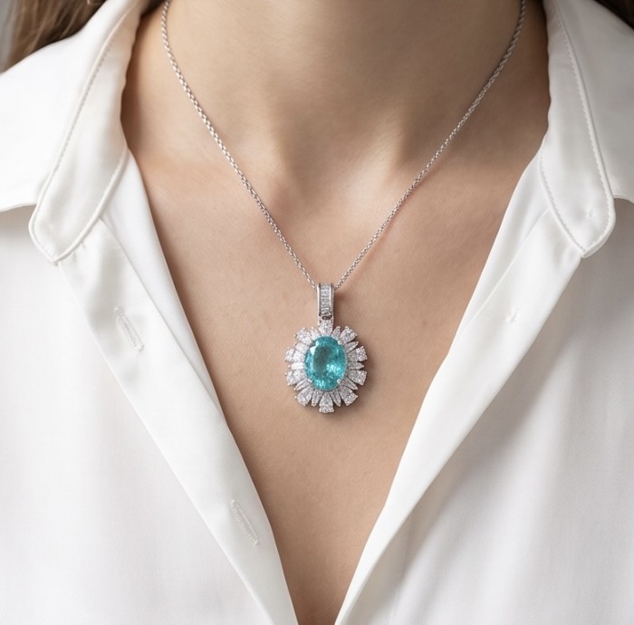 Wonderland 6.2 carat fancy oval cut Paraiba Tourmaline .925 Sterling Silver Handcrafted Statement necklace - Oval Paraiba Tourmaline necklace worn, front view with diamond accents.