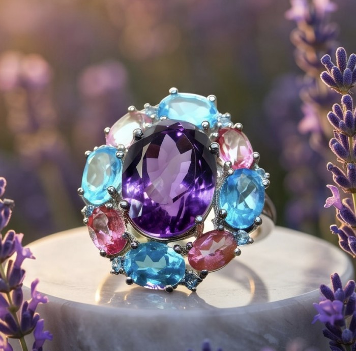 Francesca TOP QUALITY Genuine 33.7 carat Brazilian Amethyst rhodium over .925 Sterling Silver handcrafted Statement Ring size 7 1/4 - Close-up of Francesca ring with multicolored gemstones in floral setting