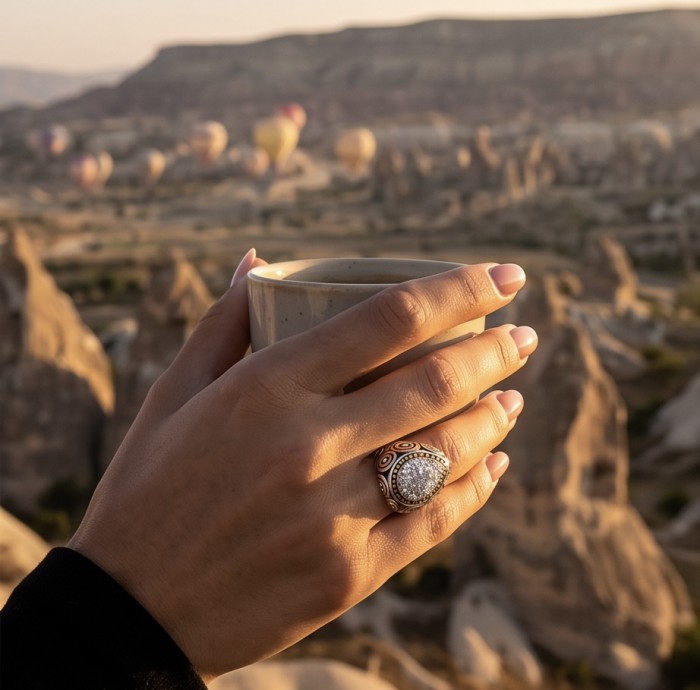 Luxurious - 6.2 carat White Topaz two tones .925 Sterling Silver handcrafted ring size 8 - White Topaz ring on hand with scenic background, close-up view.