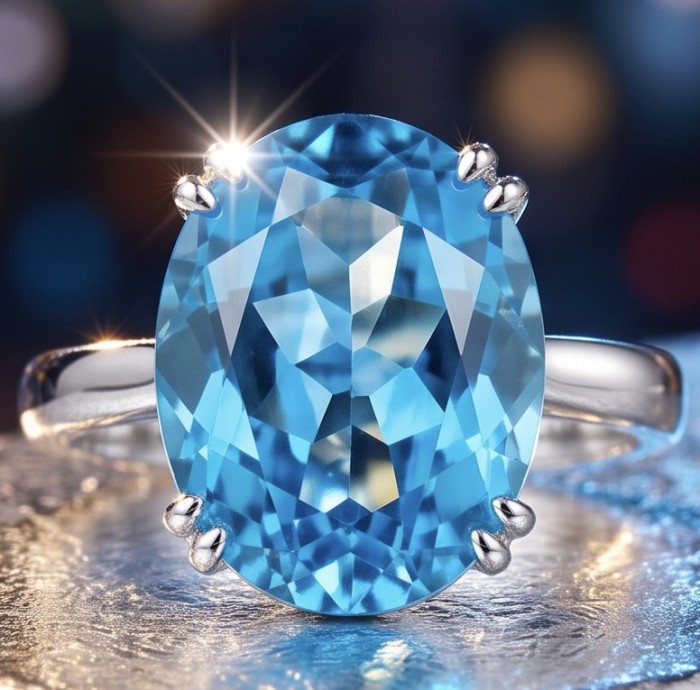 Atlantica 22.8 carat Swiss Blue Topaz .925 Sterling Silver dipped in rhodium handcrafted ring size 7 1/4 - Close-up of Atlantica 22.8 carat Swiss Blue Topaz sterling silver ring.