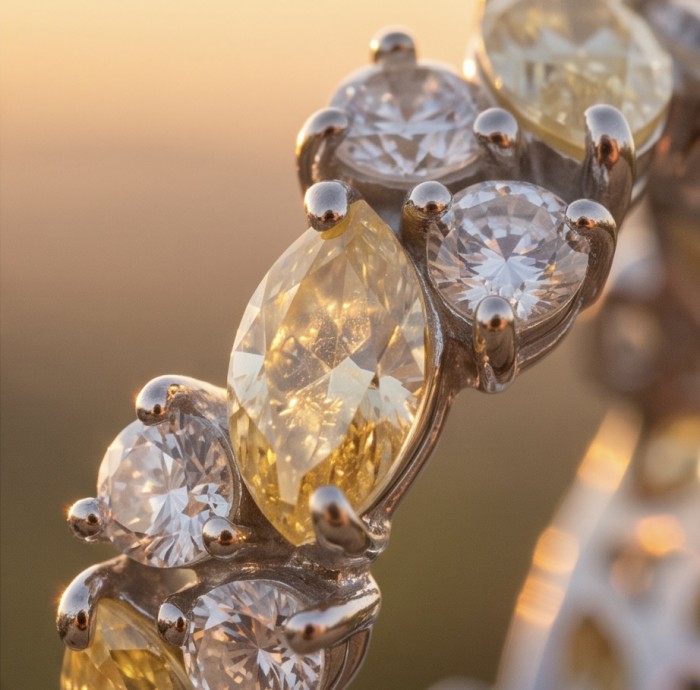 9.5 carat yellow Sapphire rhodium over .925 Silver handcrafted Cocktail Ring s. 7 1/4 - Close-up of yellow sapphire and diamond silver ring in sunset lighting