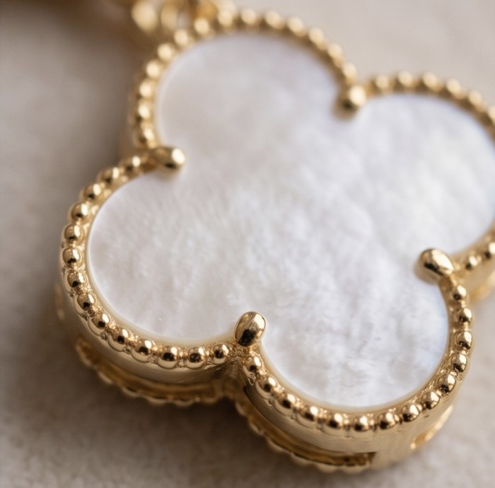 Four leaf clover Genuine Blister Pearl lab grown Diamond 18K Gold over .925 Sterling Silver handcrafted Earrings - Close-up of four-leaf clover pendant with blister pearl and gold details