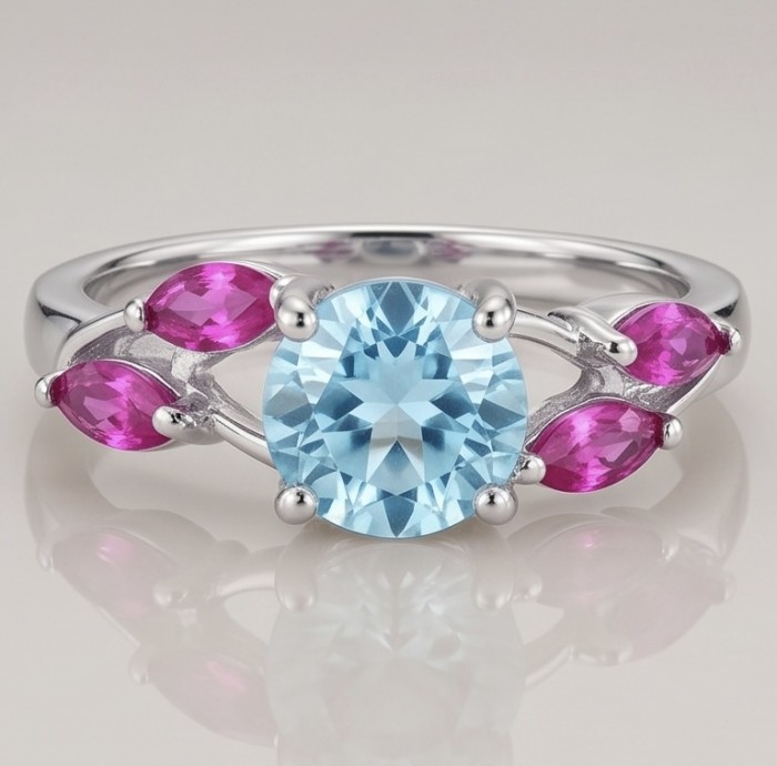 Pacifica 3.8 carat Swiss Blue Topaz .925 Sterling Silver handcrafted ring size 7 - Blue topaz ring with pink stones, front view, sterling silver band