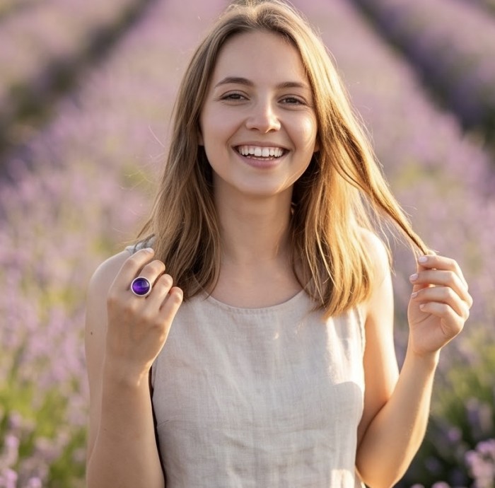 Top quality 22.5 carat Amethyst .925 Sterling Silver dipped in rhodium Handcrafted Large Ring size 8 - Woman wearing an Amethyst ring, focus on ring, lavender field background.