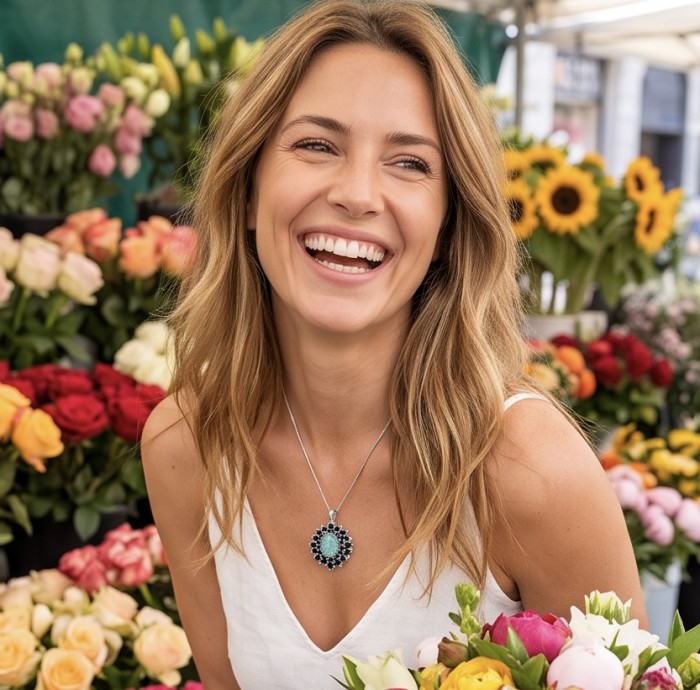 Buena Vista - authentic 21.5 carat Colombian Emerald Sapphire rhodium over .925 Sterling Silver handcrafted Pendant - Woman wearing Buena Vista emerald pendant, smiling in a flower market.