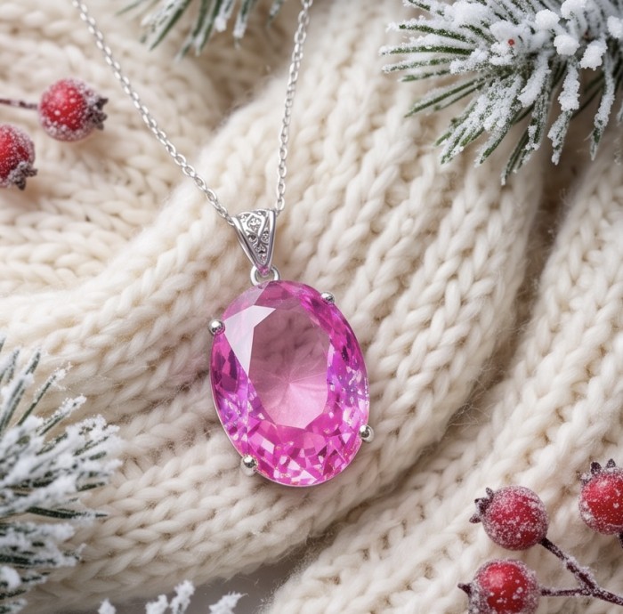 Incredible oval cut 26.8 carat Bubblegum Pink Sapphire .925 Sterling Silver handcrafted pendant - Close-up of oval cut pink sapphire pendant on knit fabric with berries.