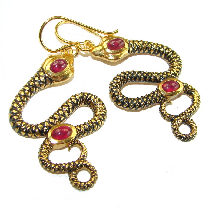 Very Unique Snakes Ruby Enamel 18K Gold over .925 Sterling Silver handcrafted earrings - photo 2