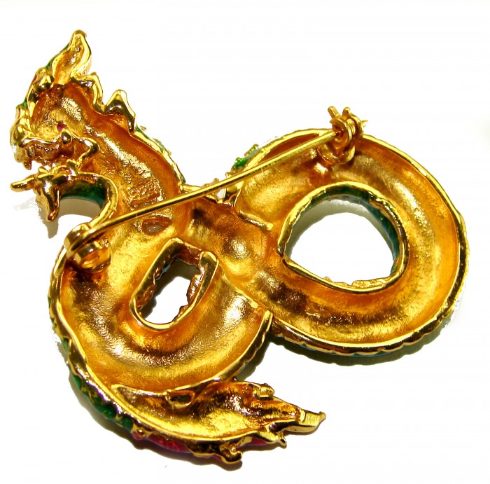 INCREDIBLE Natural Ruby Enamel Dragon 18K Gold over .925 Sterling Silver handcrafted Pendant - photo 1