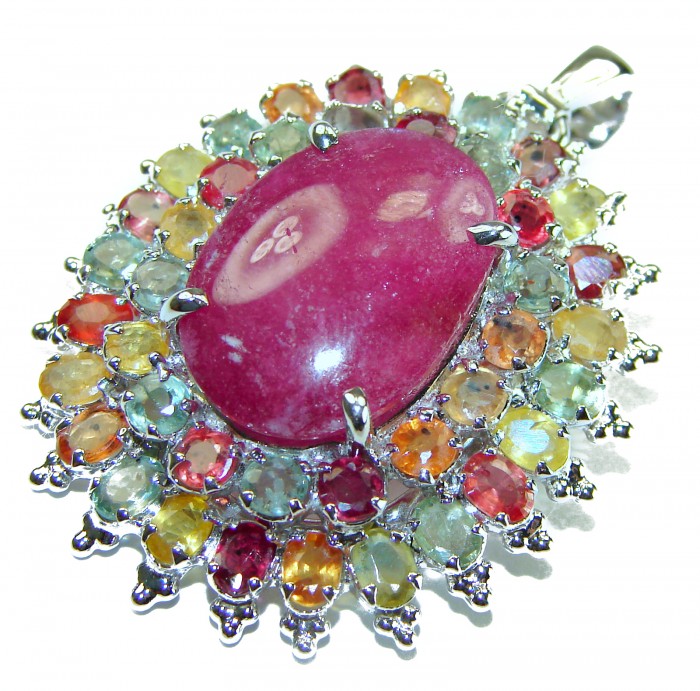 Precious Genuine 27.5 carat Ruby multicolor Sapphire .925 Sterling Silver handmade Pendant - Brooch - photo 4