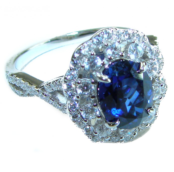 Luxurious 4.8 carat Sapphire .925 Sterling Silver handcrafted Ring size 8 - Close-up of sapphire and diamond sterling silver ring.