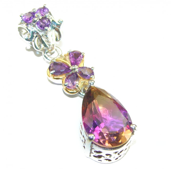 Rare baguette cut 12.5 carat authentic Ametrine 2 tones .925 Sterling Silver handmade Pendant - Close-up of rare 12.5 carat Ametrine pendant with purple stones.