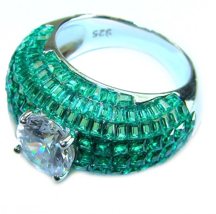 Precious Emerald authentic 19.2 carat Emerald .925 Sterling Silver Ring size 7 - Emerald ring with central stone, side view, .925 sterling silver band