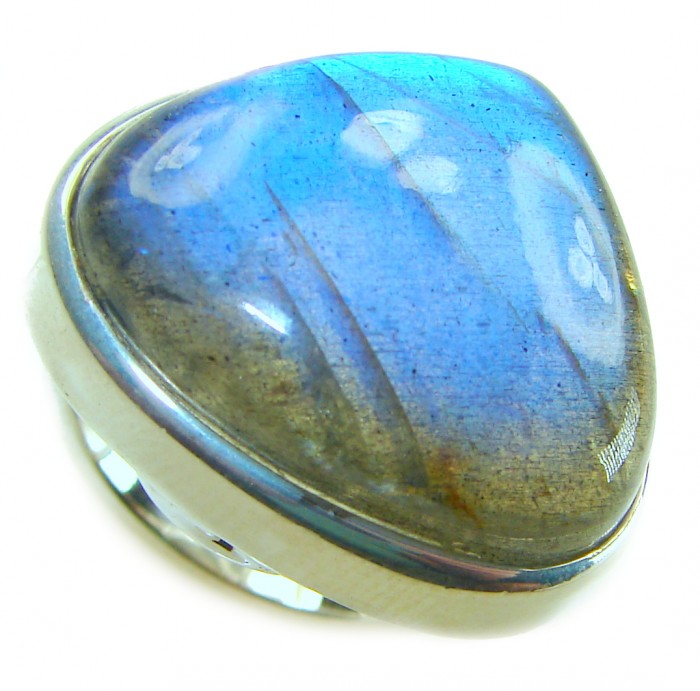 Shimmering Natural Labradorite .925 Sterling Silver handcrafted Large ring size 8 adjustable - Close-up of shimmering natural labradorite set in .925 sterling silver.