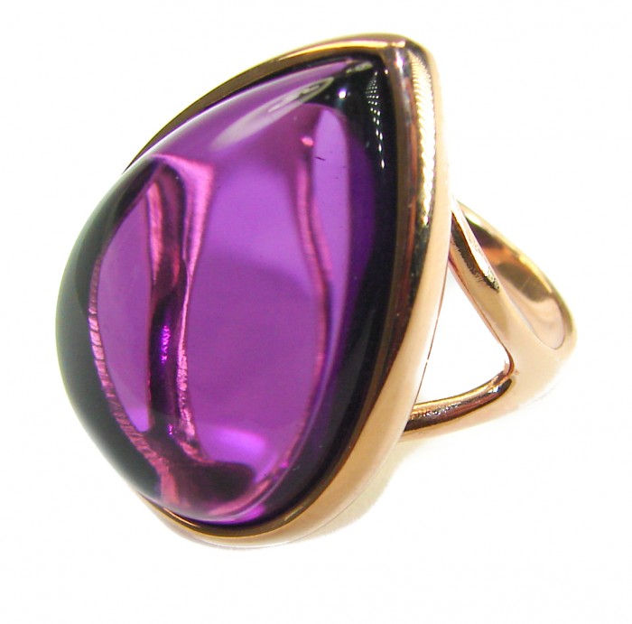 Purple Drop 22.2 carat Amethyst 14K Gold over .925 Sterling Silver Handcrafted Large Ring size 7 - Purple amethyst ring in gold, side view showcasing gemstone shape.